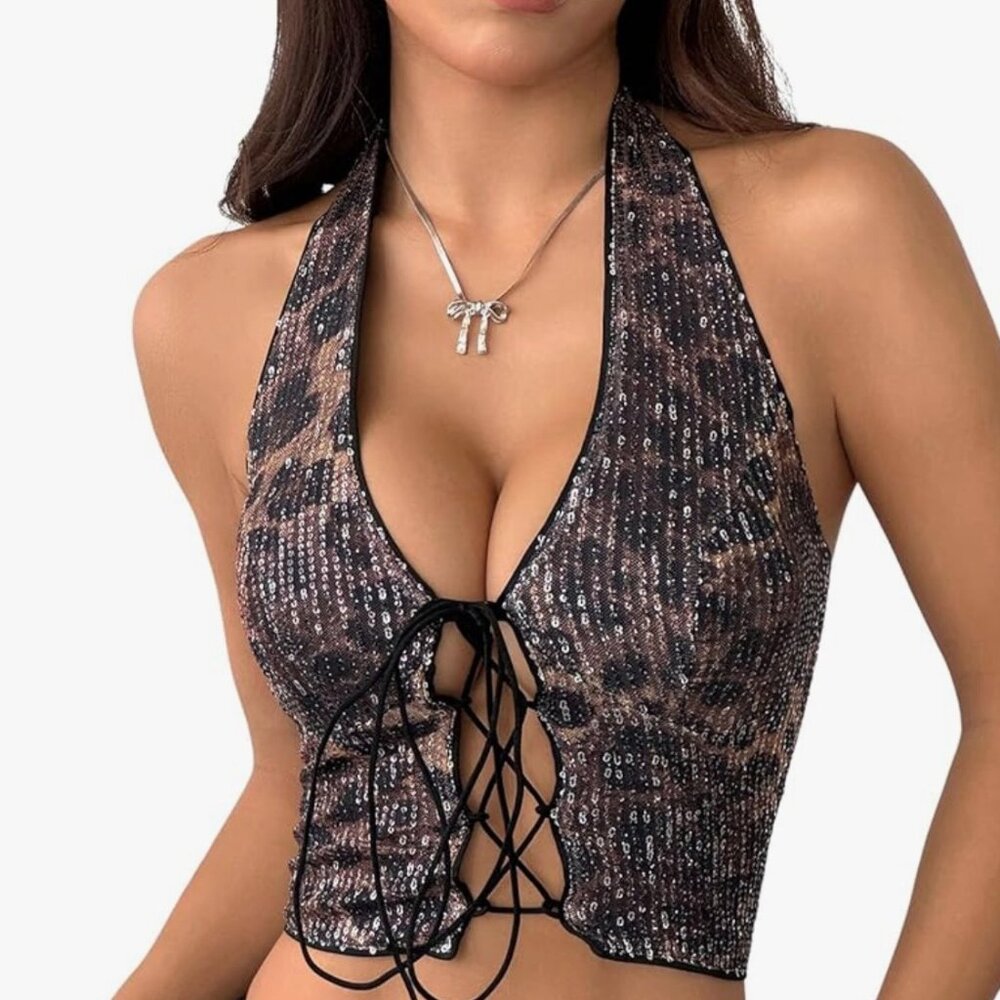 Nasty Gal Brown Sequin Halter Lace-Up Crop Top